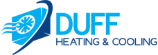 Duff Heating & Cooling logo with blue fan and air swoosh design.